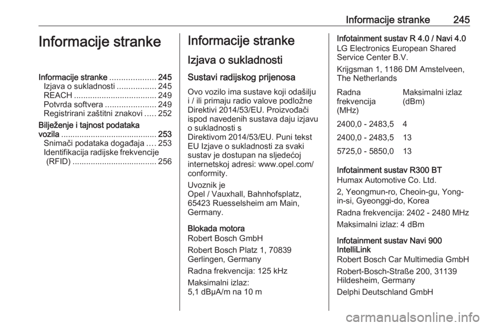 OPEL MOKKA X 2019 Priručnik za vlasnika (in Croatian) Informacije stranke245Informacije strankeInformacije stranke....................245
Izjava o sukladnosti .................245
REACH .................................... 249
Potvrda softvera .......... OPEL MOKKA X 2019 Priručnik za vlasnika (in Croatian) Informacije stranke245Informacije strankeInformacije stranke....................245
Izjava o sukladnosti .................245
REACH .................................... 249
Potvrda softvera ..........