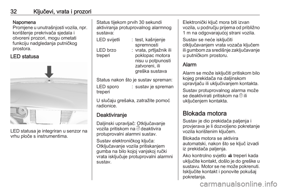 OPEL MOKKA X 2019  Priručnik za vlasnika (in Croatian) 32Ključevi, vrata i prozoriNapomena
Promjene u unutrašnjosti vozila, npr. korištenje prekrivača sjedala i
otvoreni prozori, mogu ometati
funkciju nadgledanja putničkog
prostora.
LED statusa
LED s
