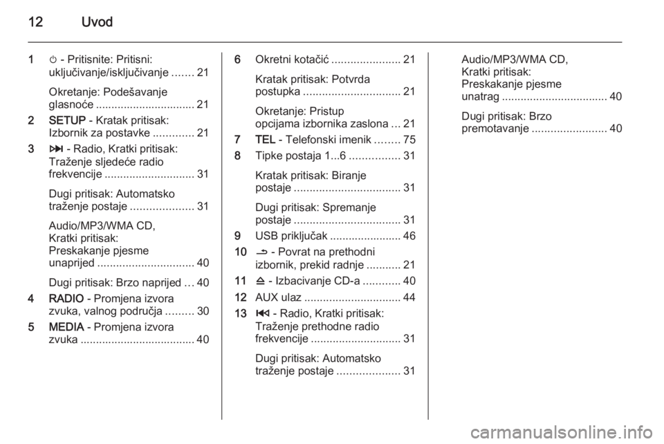 OPEL VIVARO B 2014.5  Priručnik za Infotainment (in Croatian) 12Uvod
1m - Pritisnite: Pritisni:
uključivanje/isključivanje .......21
Okretanje: Podešavanje
glasnoće ................................ 21
2 SETUP  - Kratak pritisak:
Izbornik za postavke ........
