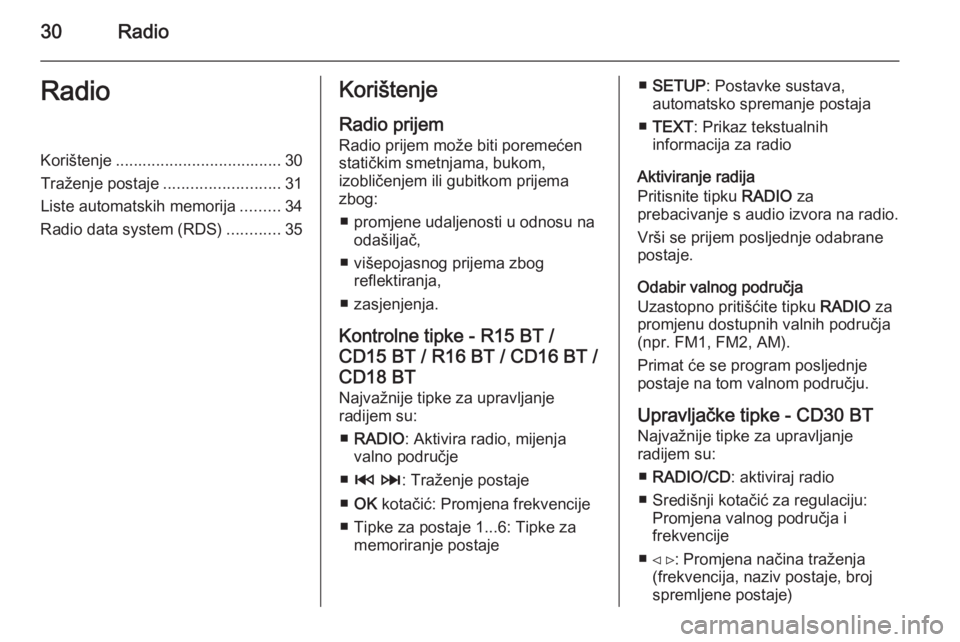 OPEL VIVARO B 2014.5  Priručnik za Infotainment (in Croatian) 30RadioRadioKorištenje..................................... 30
Traženje postaje ..........................31
Liste automatskih memorija .........34
Radio data system (RDS) ............35Korištenje
