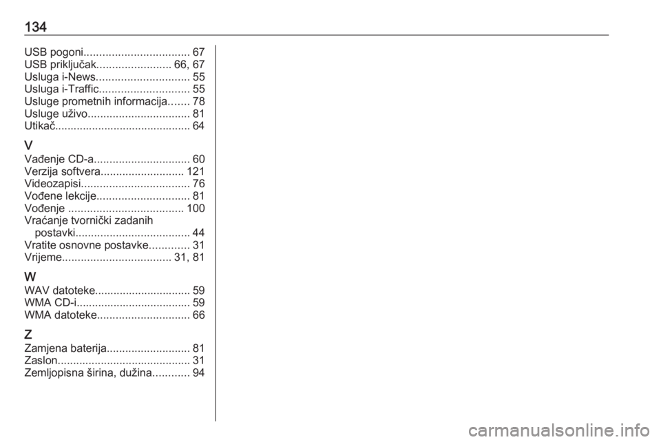 OPEL VIVARO B 2017.5  Priručnik za Infotainment (in Croatian) 134USB pogoni.................................. 67
USB priključak ........................ 66, 67
Usluga i-News .............................. 55
Usluga i-Traffic ............................. 55
Usl