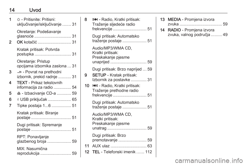 OPEL MOVANO_B 2018  Priručnik za Infotainment (in Croatian) 14Uvod1m - Pritisnite: Pritisni:
uključivanje/isključivanje .......31
Okretanje: Podešavanje
glasnoće ................................ 31
2 OK  kotačić ............................. 31
Kratak pr
