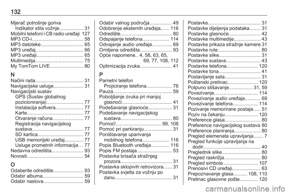 OPEL VIVARO B 2018  Priručnik za Infotainment (in Croatian) 132Mjerač potrošnje gorivaIndikator stila vožnje.................. 31
Mobilni telefoni i CB radio uređaji  127
MP3 CD-i ...................................... 58
MP3 datoteke .....................