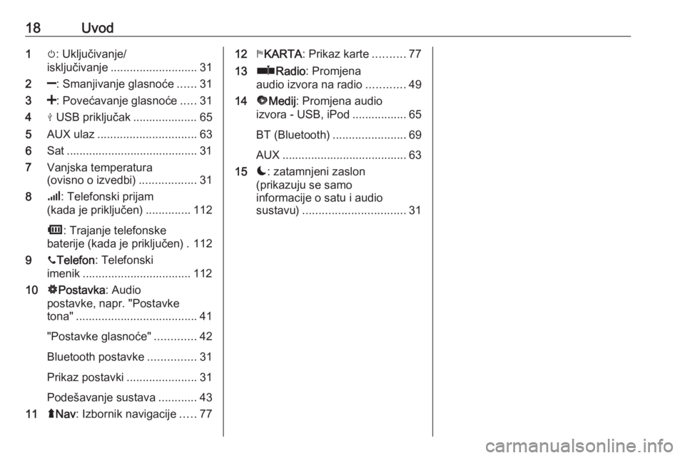 OPEL MOVANO_B 2018  Priručnik za Infotainment (in Croatian) 18Uvod1m: Uključivanje/
isključivanje ........................... 31
2 ]: Smanjivanje glasnoće ......31
3 <: Povećavanje glasnoće .....31
4 M USB priključak .................... 65
5 AUX ulaz ..