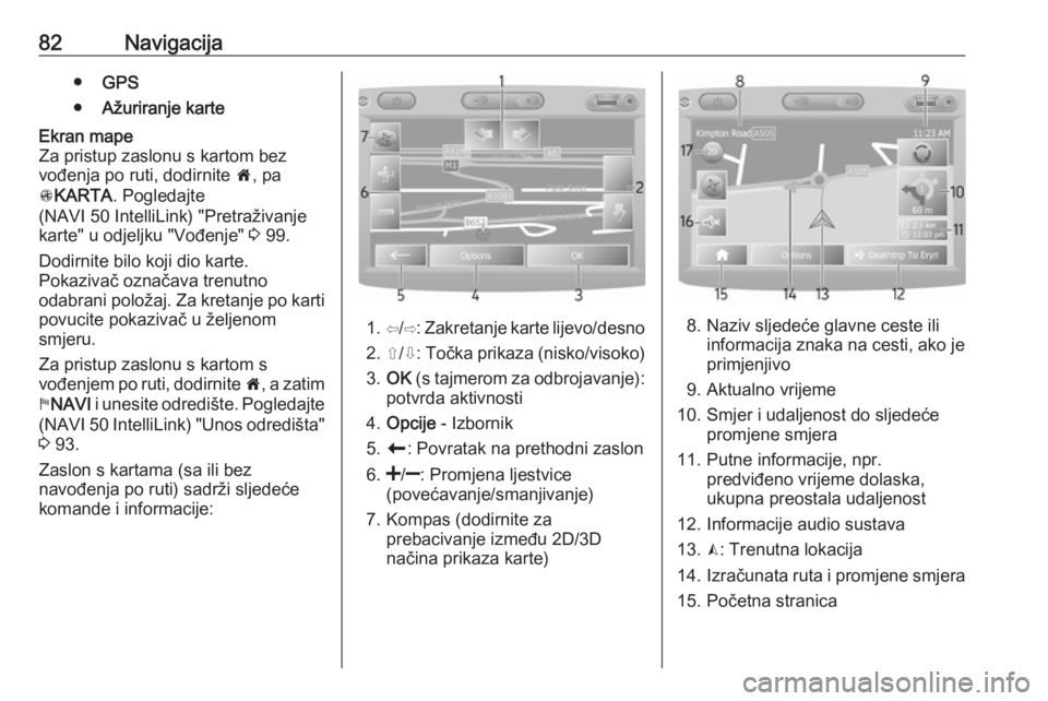 OPEL VIVARO B 2018  Priručnik za Infotainment (in Croatian) 82Navigacija●GPS
● Ažuriranje karteEkran mape
Za pristup zaslonu s kartom bez
vođenja po ruti, dodirnite  7, pa
s KARTA . Pogledajte
(NAVI 50 IntelliLink) "Pretraživanje karte" u odjelj