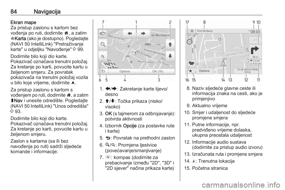 OPEL VIVARO B 2018  Priručnik za Infotainment (in Croatian) 84NavigacijaEkran mape
Za pristup zaslonu s kartom bez
vođenja po ruti, dodirnite  7, a zatim
s Karta  (ako je dostupno). Pogledajte
(NAVI 50 IntelliLink) "Pretraživanje
karte" u odjeljku &#