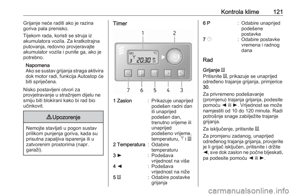 OPEL MOVANO_B 2018  Priručnik za vlasnika (in Croatian) Kontrola klime121Grijanje neće raditi ako je razina
goriva pala prenisko.
Tijekom rada, koristi se struja iz
akumulatora vozila. Za kratkotrajna
putovanja, redovno provjeravajte
akumulator vozila i p