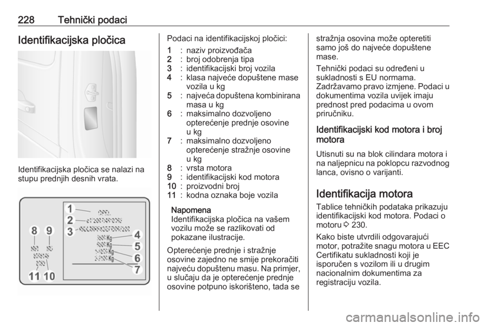 OPEL MOVANO_B 2018  Priručnik za vlasnika (in Croatian) 228Tehnički podaciIdentifikacijska pločica
Identifikacijska pločica se nalazi na
stupu prednjih desnih vrata.
Podaci na identifikacijskoj pločici:1:naziv proizvođača2:broj odobrenja tipa3:identi