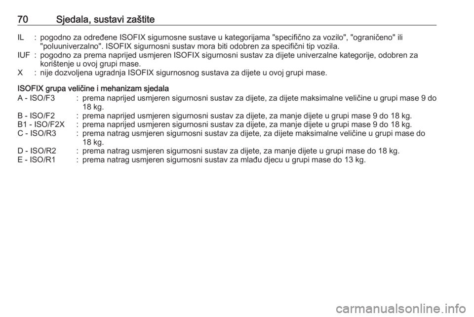 OPEL MOVANO_B 2018  Priručnik za vlasnika (in Croatian) 70Sjedala, sustavi zaštiteIL:pogodno za određene ISOFIX sigurnosne sustave u kategorijama "specifično za vozilo", "ograničeno" ili"poluuniverzalno". ISOFIX sigurnosni susta