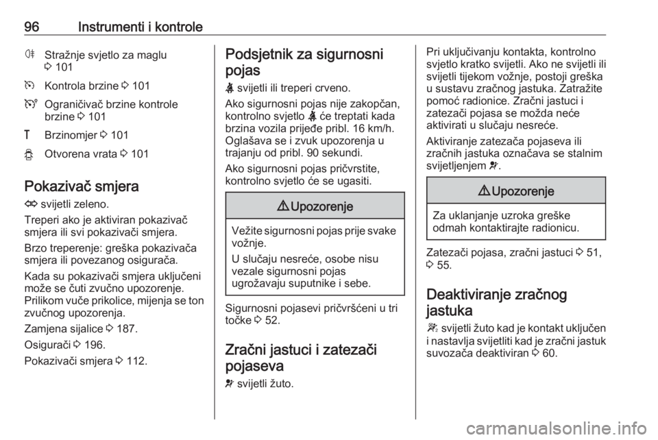 OPEL MOVANO_B 2018  Priručnik za vlasnika (in Croatian) 96Instrumenti i kontroleøStražnje svjetlo za maglu
3  101mKontrola brzine  3 101UOgraničivač brzine kontrole
brzine  3 101&Brzinomjer  3 101yOtvorena vrata  3 101
Pokazivač smjera
O  svijetli zel