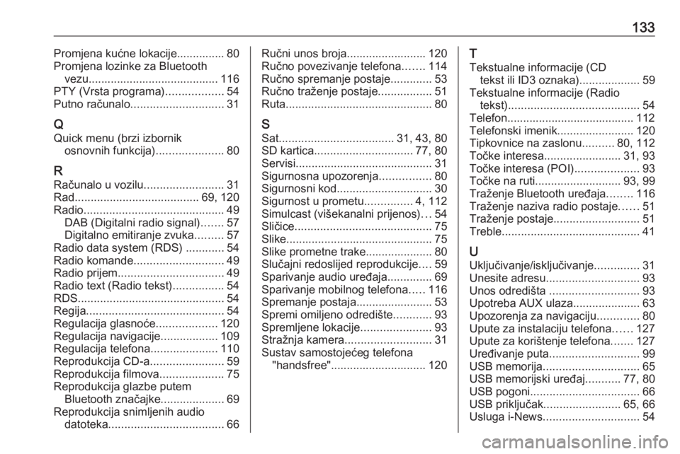 OPEL MOVANO_B 2018.5  Priručnik za Infotainment (in Croatian) 133Promjena kućne lokacije............... 80
Promjena lozinke za Bluetooth vezu......................................... 116
PTY (Vrsta programa) ..................54
Putno računalo ................