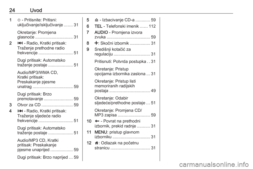OPEL MOVANO_B 2018.5  Priručnik za Infotainment (in Croatian) 24Uvod1m - Pritisnite: Pritisni:
uključivanje/isključivanje .......31
Okretanje: Promjena
glasnoće ................................ 31
2 2 - Radio, Kratki pritisak:
Traženje prethodne radio
frekve