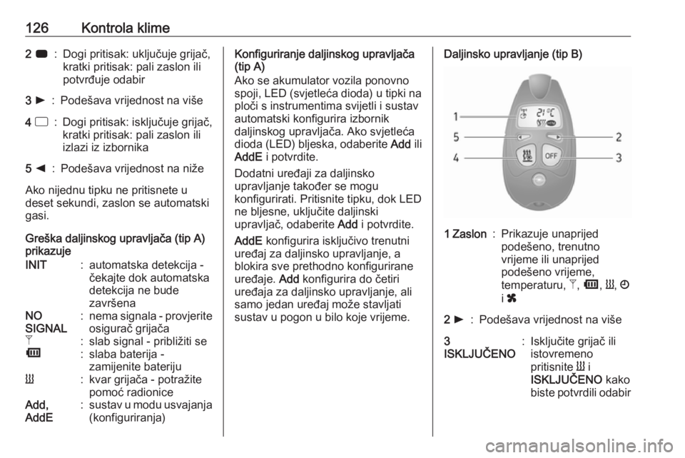 OPEL MOVANO_B 2018.5  Priručnik za vlasnika (in Croatian) 126Kontrola klime2 7:Dogi pritisak: uključuje grijač,
kratki pritisak: pali zaslon ili
potvrđuje odabir3  l:Podešava vrijednost na više4  d:Dogi pritisak: isključuje grijač,
kratki pritisak: pa