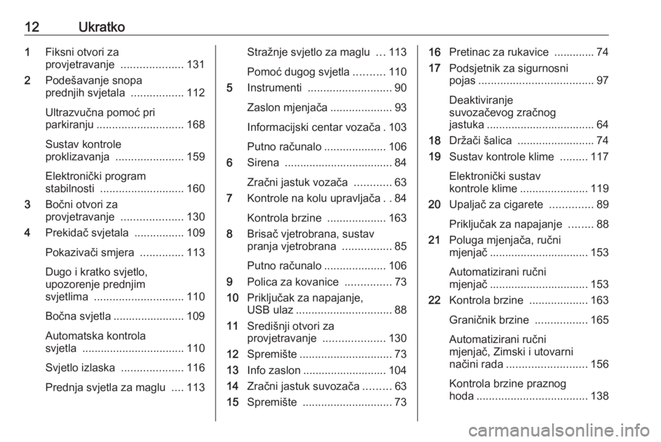 OPEL MOVANO_B 2018.5  Priručnik za vlasnika (in Croatian) 12Ukratko1Fiksni otvori za
provjetravanje  ....................131
2 Podešavanje snopa
prednjih svjetala  .................112
Ultrazvučna pomoć pri
parkiranju ............................ 168
Sust
