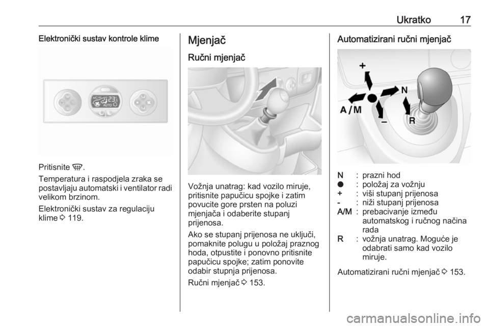 OPEL MOVANO_B 2018.5  Priručnik za vlasnika (in Croatian) Ukratko17Elektronički sustav kontrole klime
Pritisnite V.
Temperatura i raspodjela zraka se
postavljaju automatski i ventilator radi
velikom brzinom.
Elektronički sustav za regulaciju
klime  3 119.
