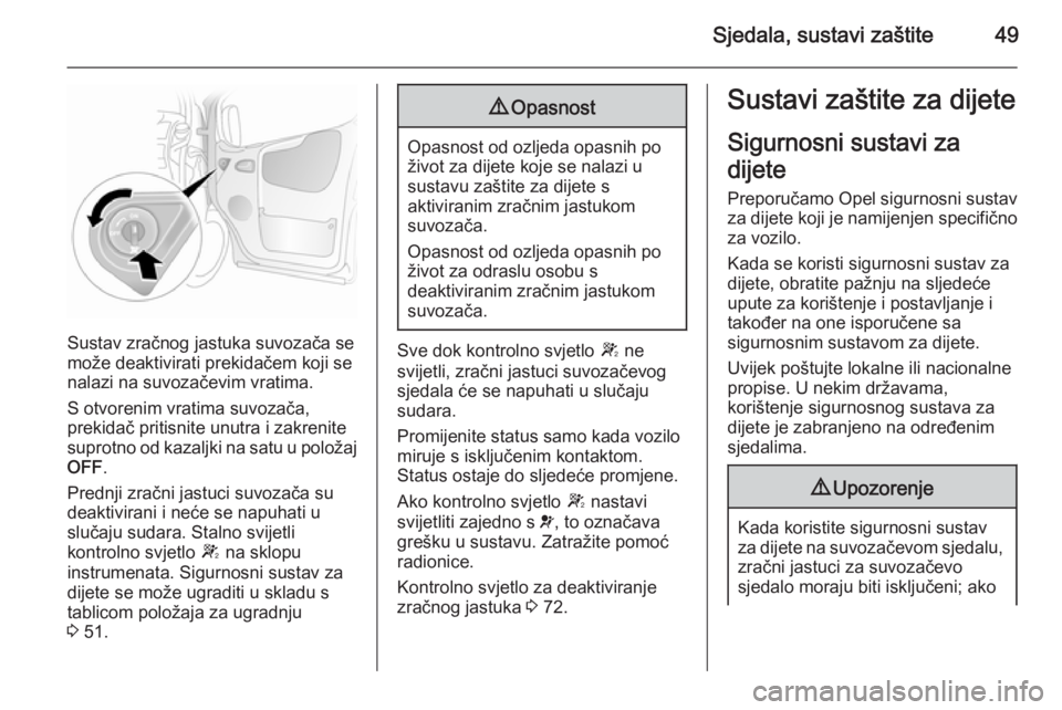OPEL VIVARO 2014  Priručnik za vlasnika (in Croatian) Sjedala, sustavi zaštite49
Sustav zračnog jastuka suvozača se
može deaktivirati prekidačem koji se
nalazi na suvozačevim vratima.
S otvorenim vratima suvozača,
prekidač pritisnite unutra i zak