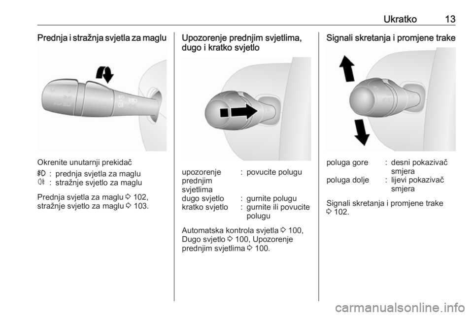 OPEL VIVARO B 2016.5  Priručnik za vlasnika (in Croatian) Ukratko13Prednja i stražnja svjetla za maglu
Okrenite unutarnji prekidač
>:prednja svjetla za magluø:stražnje svjetlo za maglu
Prednja svjetla za maglu 3 102,
stražnje svjetlo za maglu  3 103.
Up