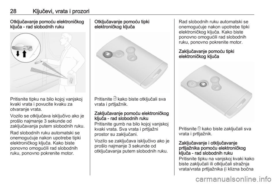 OPEL VIVARO B 2016.5  Priručnik za vlasnika (in Croatian) 28Ključevi, vrata i prozoriOtključavanje pomoću elektroničkog
ključa - rad slobodnih ruku
Pritisnite tipku na bilo kojoj vanjskoj
kvaki vrata i povucite kvaku za
otvaranje vrata.
Vozilo se otklju