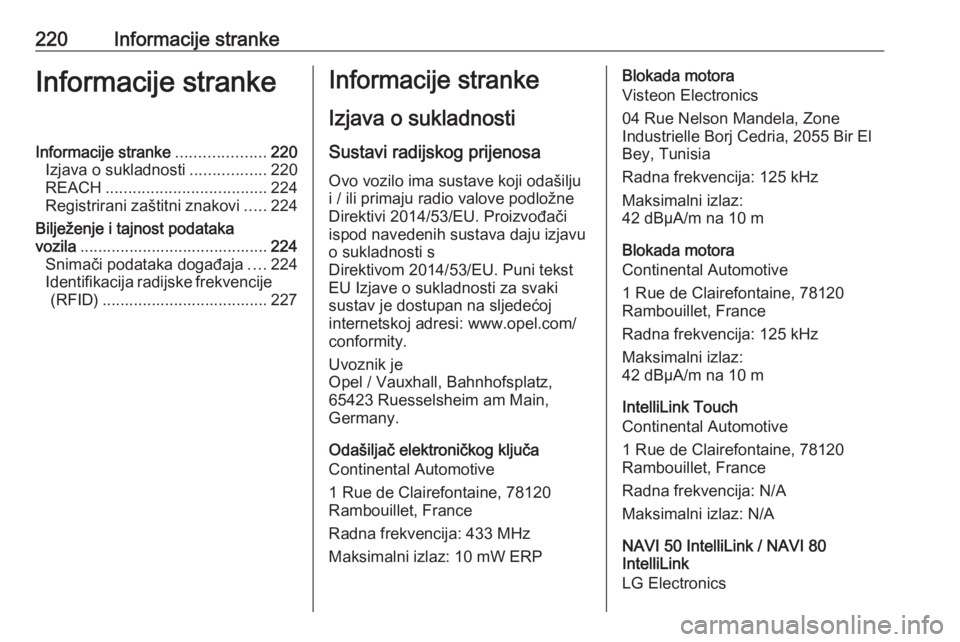 OPEL VIVARO B 2019 Priručnik za vlasnika (in Croatian) 220Informacije strankeInformacije strankeInformacije stranke....................220
Izjava o sukladnosti .................220
REACH .................................... 224
Registrirani zaštitni znak OPEL VIVARO B 2019 Priručnik za vlasnika (in Croatian) 220Informacije strankeInformacije strankeInformacije stranke....................220
Izjava o sukladnosti .................220
REACH .................................... 224
Registrirani zaštitni znak