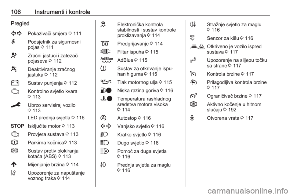 OPEL VIVARO C 2020  Priručnik za vlasnika (in Croatian) 106Instrumenti i kontrolePregled1Pokazivači smjera 3 111aPodsjetnik za sigurnosni
pojas  3 111dZračni jastuci i zatezači
pojaseva  3 112eDeaktiviranje zračnog
jastuka  3 112SSustav punjenja  3 112