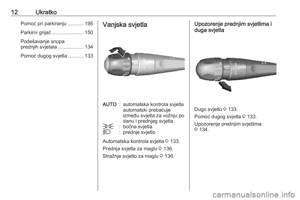 OPEL VIVARO C 2020  Priručnik za vlasnika (in Croatian) 12UkratkoPomoć pri parkiranju...........195
Parkirni grijač ...................... 150
Podešavanje snopa
prednjih svjetala ..................134
Pomoć dugog svjetla ..........133Vanjska svjetlaAUT