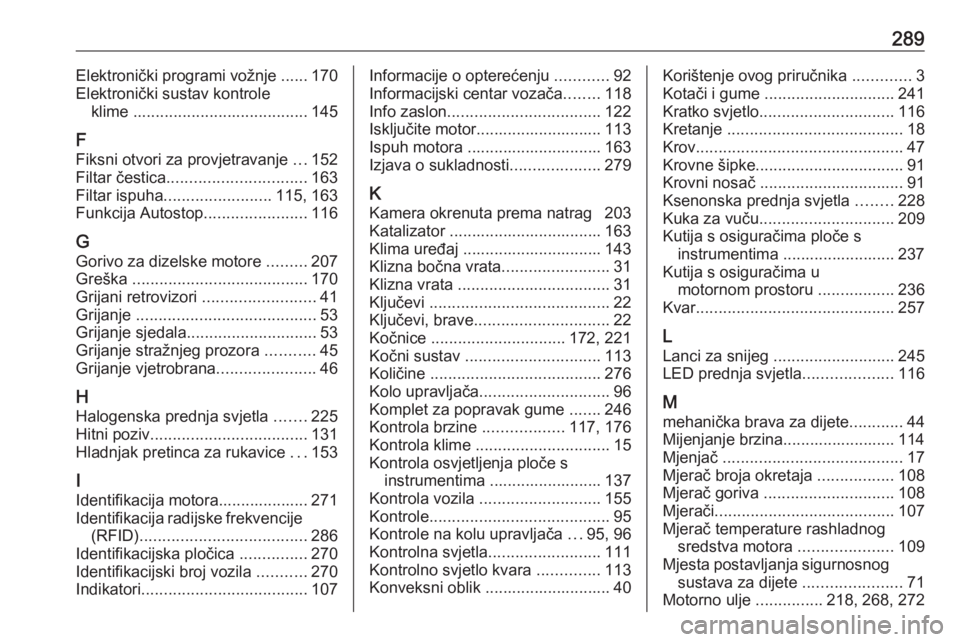 OPEL VIVARO C 2020  Priručnik za vlasnika (in Croatian) 289Elektronički programi vožnje ...... 170
Elektronički sustav kontrole klime  ....................................... 145
F Fiksni otvori za provjetravanje  ...152
Filtar čestica ................