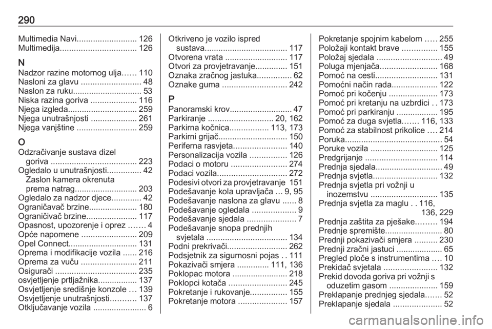 OPEL VIVARO C 2020  Priručnik za vlasnika (in Croatian) 290Multimedia Navi.......................... 126
Multimedija ................................. 126
N Nadzor razine motornog ulja ......110
Nasloni za glavu  ..........................48
Naslon za ruku