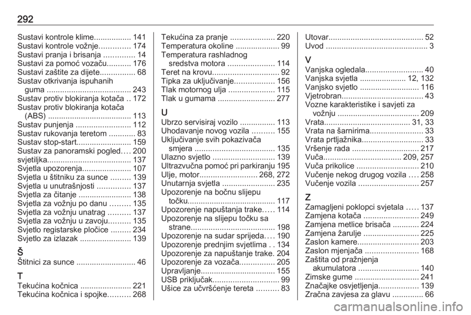 OPEL VIVARO C 2020  Priručnik za vlasnika (in Croatian) 292Sustavi kontrole klime................. 141
Sustavi kontrole vožnje ..............174
Sustavi pranja i brisanja  ..............14
Sustavi za pomoć vozaču ...........176
Sustavi zaštite za dijet