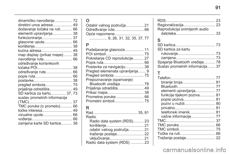 OPEL ZAFIRA B 2014.5  Priručnik za Infotainment (in Croatian) 91
dinamičko navođenje................72
direktni unos adrese ..................49
dodavanje točaka na ruti ...........66
elementi upravljanja ..................38
funkcioniranje ..................