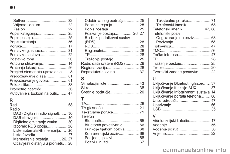 OPEL ZAFIRA C 2014.5  Priručnik za Infotainment (in Croatian) 80
Softver....................................... 22
Vrijeme i datum ......................... 22
Zaslon ....................................... 22
Popis kategorija ............................ 25
Pop