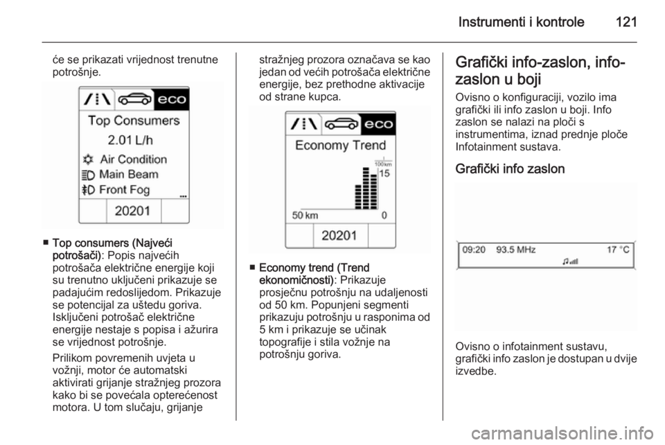 OPEL ZAFIRA C 2015  Priručnik za vlasnika (in Croatian) Instrumenti i kontrole121
će se prikazati vrijednost trenutne
potrošnje.
■ Top consumers (Najveći
potrošači) : Popis najvećih
potrošača električne energije koji
su trenutno uključeni prika