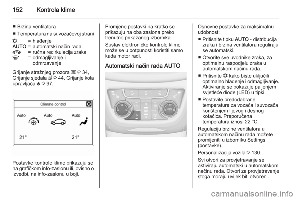 OPEL ZAFIRA C 2015 Priručnik za vlasnika (in Croatian) 152Kontrola klime
■ Brzina ventilatora
■ Temperatura na suvozačevoj stranin=hlađenjeAUTO=automatski način rada4=ručna recirkulacija zrakaV=odmagljivanje i
odmrzavanje
Grijanje stražnjeg prozo OPEL ZAFIRA C 2015 Priručnik za vlasnika (in Croatian) 152Kontrola klime
■ Brzina ventilatora
■ Temperatura na suvozačevoj stranin=hlađenjeAUTO=automatski način rada4=ručna recirkulacija zrakaV=odmagljivanje i
odmrzavanje
Grijanje stražnjeg prozo