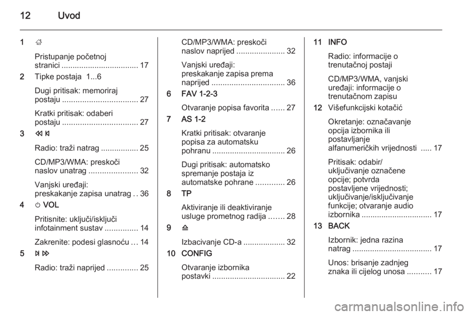 OPEL ZAFIRA C 2015.5  Priručnik za Infotainment (in Croatian) 12Uvod
1;
Pristupanje početnoj
stranici ................................... 17
2 Tipke postaja  1...6
Dugi pritisak: memoriraj
postaju .................................. 27
Kratki pritisak: odaberi
p