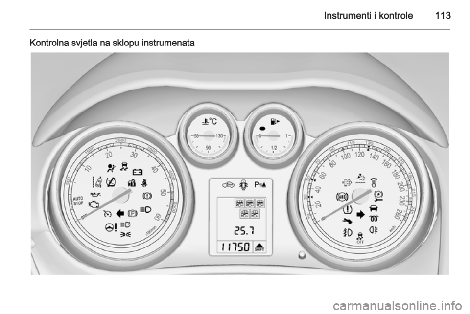 OPEL ZAFIRA C 2015.5 Priručnik za vlasnika (in Croatian) Instrumenti i kontrole113
Kontrolna svjetla na sklopu instrumenata OPEL ZAFIRA C 2015.5 Priručnik za vlasnika (in Croatian) Instrumenti i kontrole113
Kontrolna svjetla na sklopu instrumenata