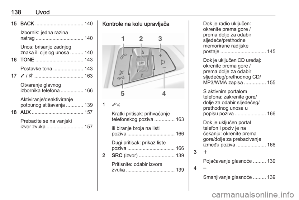 OPEL ZAFIRA C 2016 Priručnik za Infotainment (in Croatian) 138Uvod15 BACK.................................. 140
Izbornik: jedna razina
natrag .................................. 140
Unos: brisanje zadnjeg
znaka ili cijelog unosa .........140
16 TONE .......... OPEL ZAFIRA C 2016 Priručnik za Infotainment (in Croatian) 138Uvod15 BACK.................................. 140
Izbornik: jedna razina
natrag .................................. 140
Unos: brisanje zadnjeg
znaka ili cijelog unosa .........140
16 TONE ..........