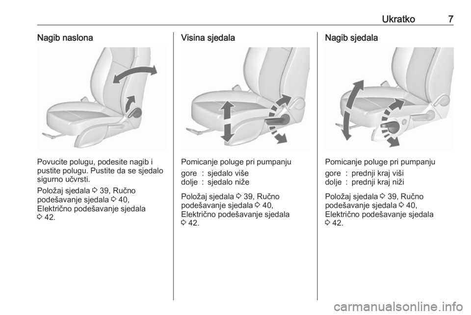OPEL ZAFIRA C 2017.25  Priručnik za vlasnika (in Croatian) Ukratko7Nagib naslona
Povucite polugu, podesite nagib i
pustite polugu. Pustite da se sjedalo
sigurno učvrsti.
Položaj sjedala  3 39, Ručno
podešavanje sjedala  3 40,
Električno podešavanje sjed