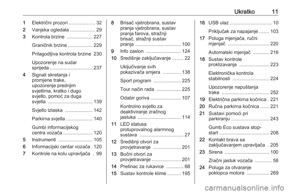 OPEL ZAFIRA C 2018  Priručnik za vlasnika (in Croatian) Ukratko111Električni prozori ...................32
2 Vanjska ogledala ..................29
3 Kontrola brzine  ...................227
Graničnik brzine ..................229
Prilagodljiva kontrola brz