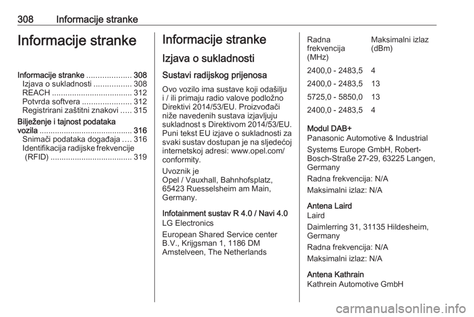 OPEL ZAFIRA C 2019 Priručnik za vlasnika (in Croatian) 308Informacije strankeInformacije strankeInformacije stranke....................308
Izjava o sukladnosti .................308
REACH .................................... 312
Potvrda softvera .......... OPEL ZAFIRA C 2019 Priručnik za vlasnika (in Croatian) 308Informacije strankeInformacije strankeInformacije stranke....................308
Izjava o sukladnosti .................308
REACH .................................... 312
Potvrda softvera ..........