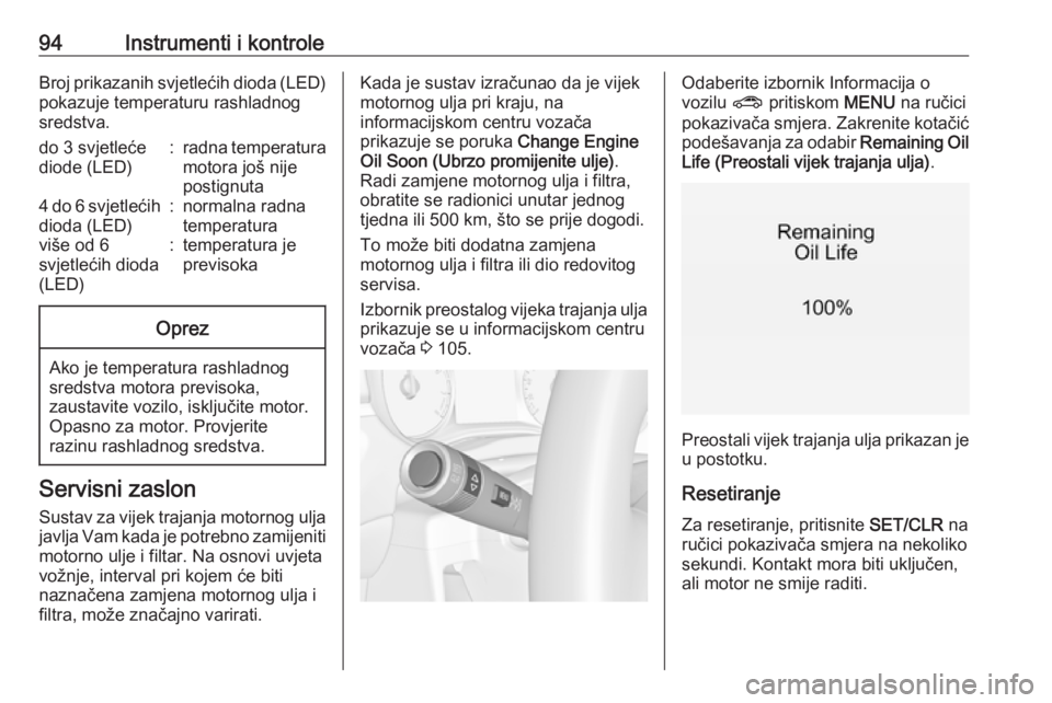 OPEL ZAFIRA C 2019  Priručnik za vlasnika (in Croatian) 94Instrumenti i kontroleBroj prikazanih svjetlećih dioda (LED)
pokazuje temperaturu rashladnog
sredstva.do 3 svjetleće
diode (LED):radna temperatura
motora još nije
postignuta4 do 6 svjetlećih dio