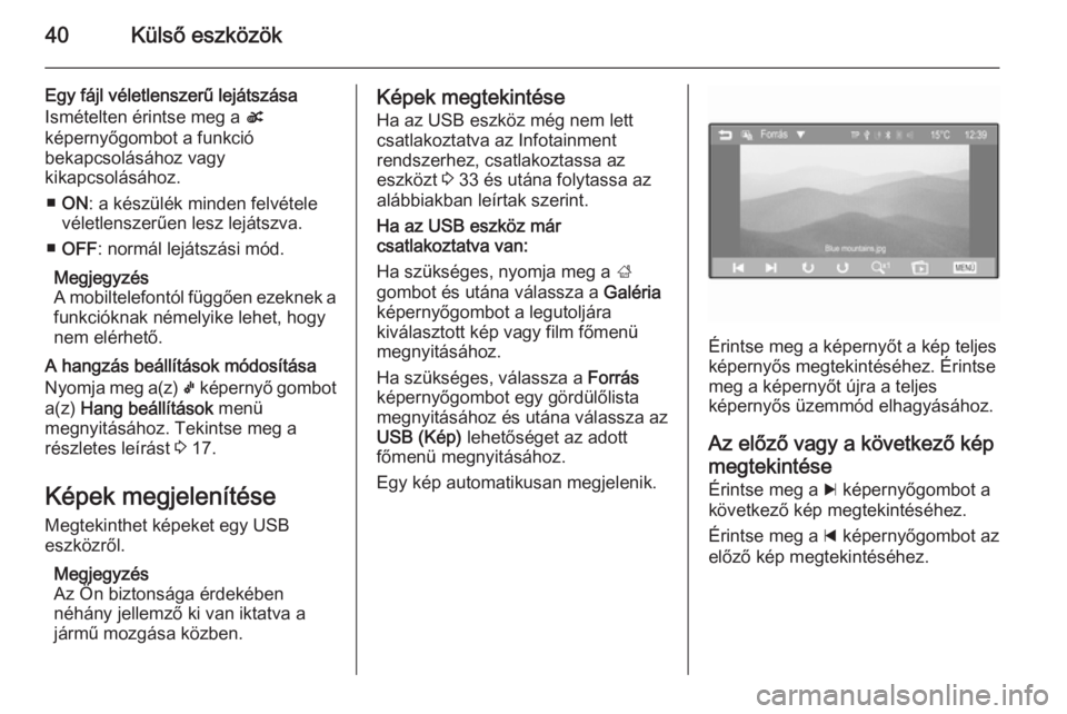 OPEL ADAM 2014  Infotainment kézikönyv (in Hungarian) 40Külső eszközök
Egy fájl véletlenszerű lejátszása
Ismételten érintse meg a  s
képernyőgombot a funkció
bekapcsolásához vagy
kikapcsolásához.
■ ON : a készülék minden felvétele