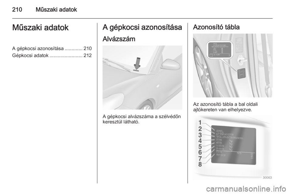 OPEL ADAM 2014  Infotainment kézikönyv (in Hungarian) 210Műszaki adatokMűszaki adatokA gépkocsi azonosítása.............210
Gépkocsi adatok ........................212A gépkocsi azonosítása
Alvázszám
A gépkocsi alvázszáma a szélvédőn
ker