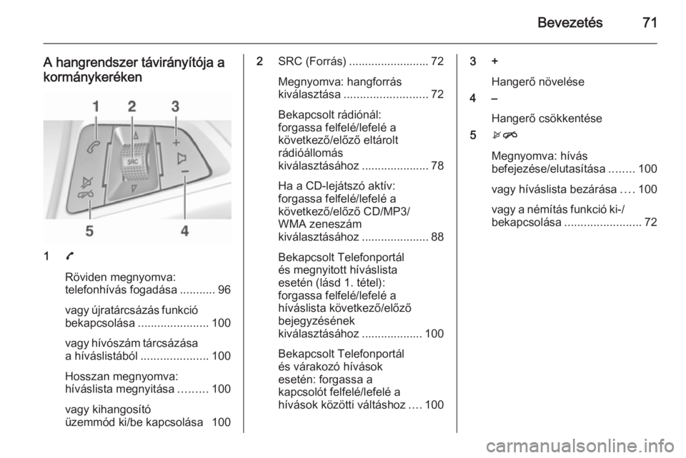 OPEL ADAM 2015.5  Infotainment kézikönyv (in Hungarian) Bevezetés71
A hangrendszer távirányítója akormánykeréken
1 7
Röviden megnyomva:
telefonhívás fogadása ...........96
vagy újratárcsázás funkció bekapcsolása ...................... 100
