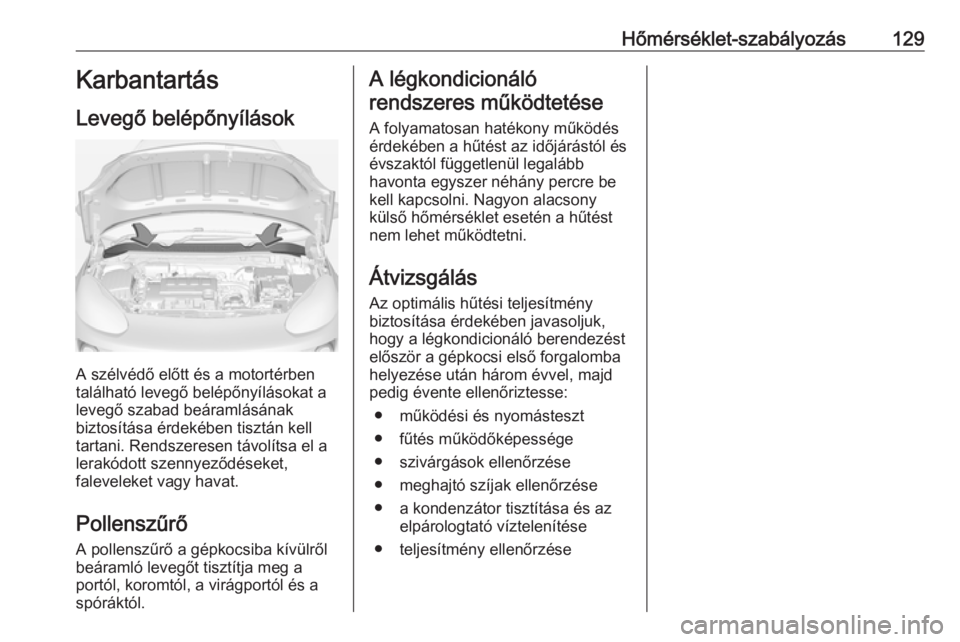 OPEL ADAM 2016.5 Kezelési útmutató (in Hungarian) Hőmérséklet-szabályozás129Karbantartás
Levegő belépőnyílások
A szélvédő előtt és a motortérben
található levegő belépőnyílásokat a
levegő szabad beáramlásának
biztosítása OPEL ADAM 2016.5 Kezelési útmutató (in Hungarian) Hőmérséklet-szabályozás129Karbantartás
Levegő belépőnyílások
A szélvédő előtt és a motortérben
található levegő belépőnyílásokat a
levegő szabad beáramlásának
biztosítása