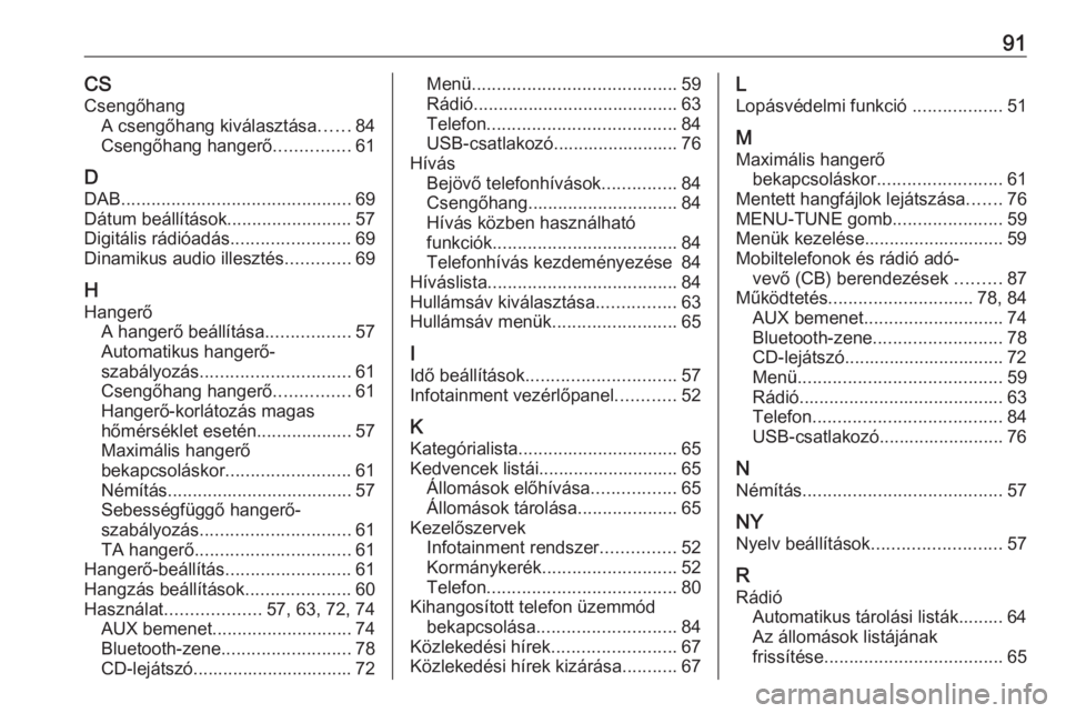 OPEL ADAM 2017  Infotainment kézikönyv (in Hungarian) 91CSCsengőhang A csengőhang kiválasztása ......84
Csengőhang hangerő ...............61
D DAB .............................................. 69
Dátum beállítások .........................57
D