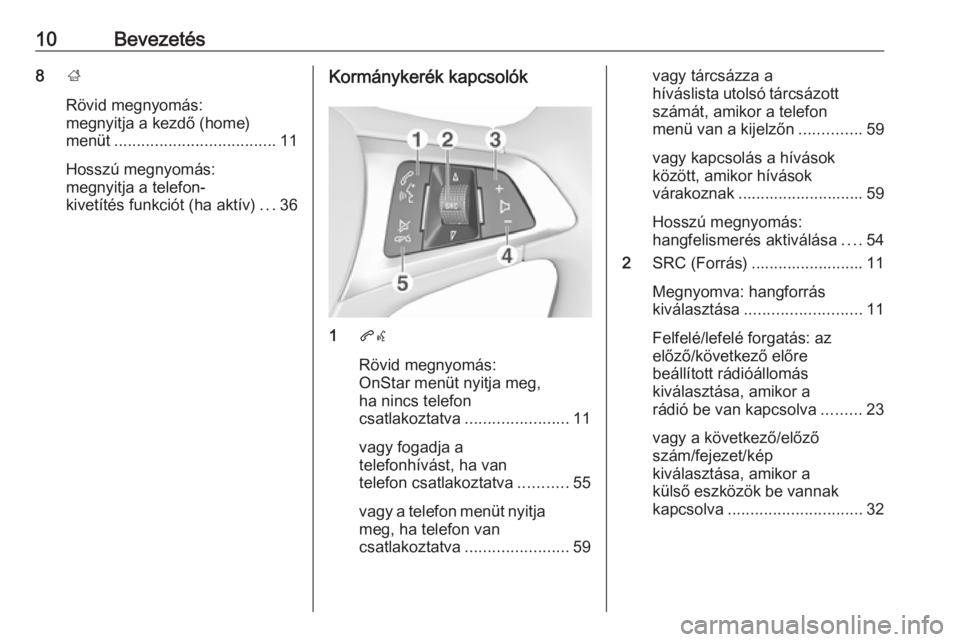 OPEL ADAM 2018 Infotainment kézikönyv (in Hungarian) 10Bevezetés8;
Rövid megnyomás:
megnyitja a kezdő (home)
menüt .................................... 11
Hosszú megnyomás:
megnyitja a telefon-
kivetítés funkciót (ha aktív) ...36Kormánykeré OPEL ADAM 2018 Infotainment kézikönyv (in Hungarian) 10Bevezetés8;
Rövid megnyomás:
megnyitja a kezdő (home)
menüt .................................... 11
Hosszú megnyomás:
megnyitja a telefon-
kivetítés funkciót (ha aktív) ...36Kormánykeré