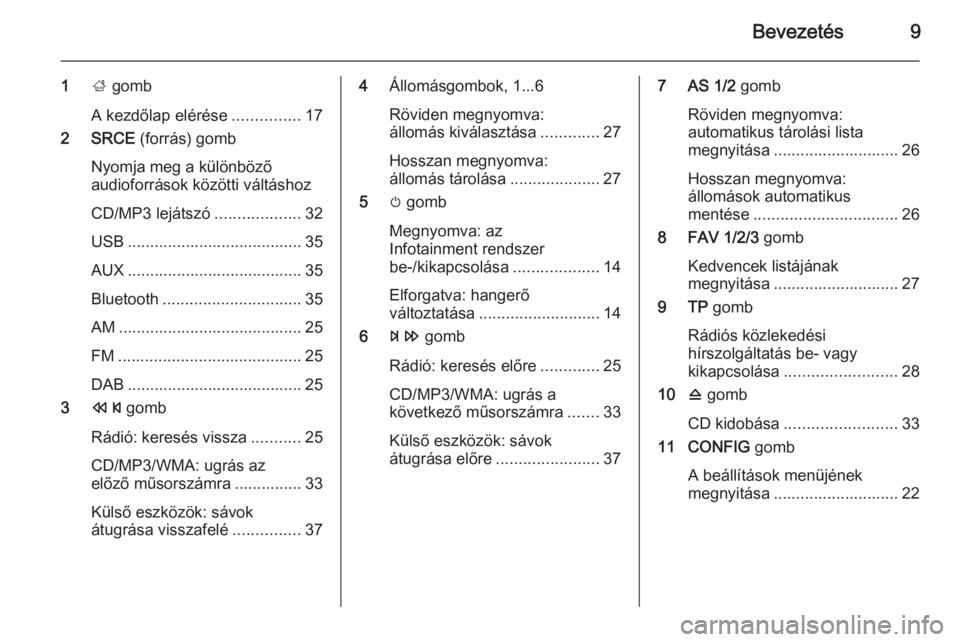 OPEL ASTRA J 2014.5  Infotainment kézikönyv (in Hungarian) Bevezetés9
1; gomb
A kezdőlap elérése ...............17
2 SRCE  (forrás) gomb
Nyomja meg a különböző
audioforrások közötti váltáshoz
CD/MP3 lejátszó ...................32
USB .........