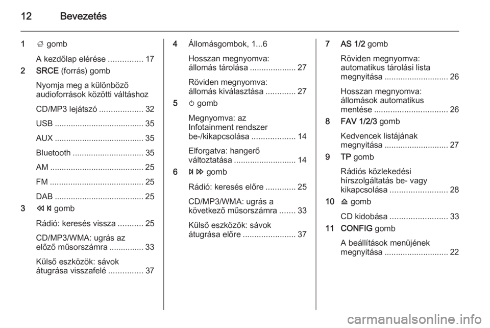OPEL ASTRA J 2015  Infotainment kézikönyv (in Hungarian) 12Bevezetés
1; gomb
A kezdőlap elérése ...............17
2 SRCE  (forrás) gomb
Nyomja meg a különböző
audioforrások közötti váltáshoz
CD/MP3 lejátszó ...................32
USB ........