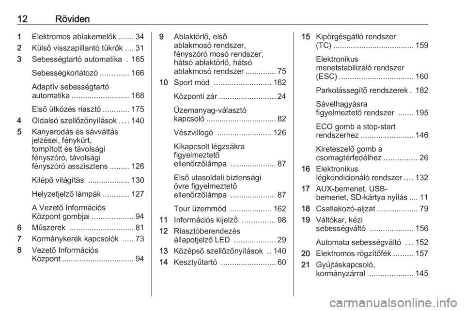 OPEL ASTRA J 2017  Kezelési útmutató (in Hungarian) 12Röviden1Elektromos ablakemelők .......34
2 Külső visszapillantó tükrök ....31
3 Sebességtartó automatika  . 165
Sebességkorlátozó .............166
Adaptív sebességtartó
automatika ...