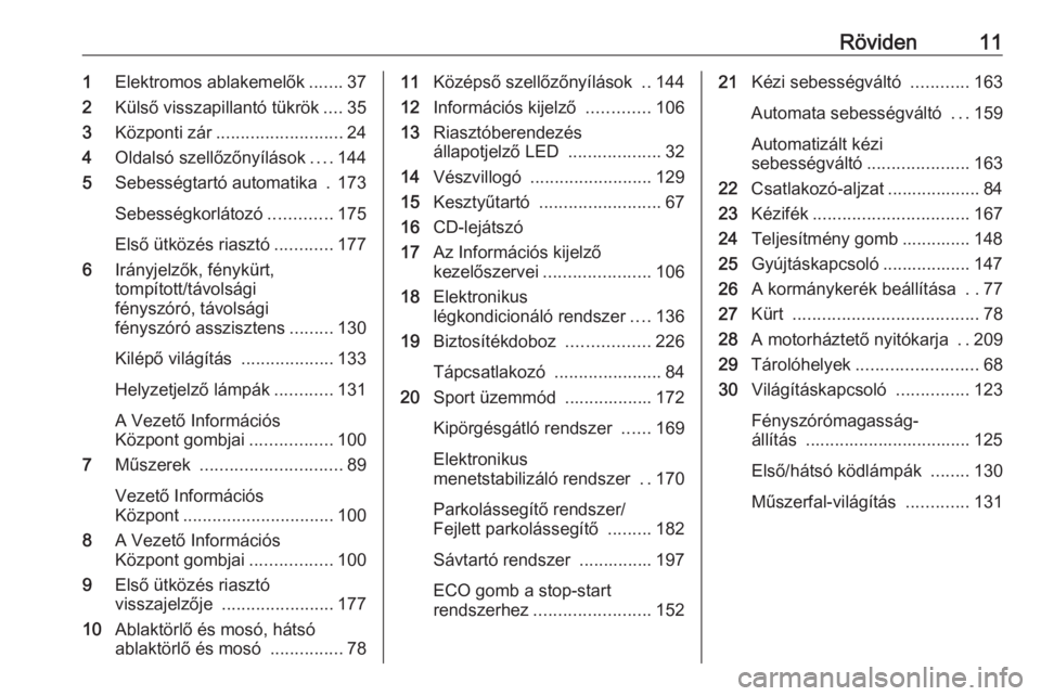 OPEL ASTRA K 2016  Kezelési útmutató (in Hungarian) Röviden111Elektromos ablakemelők .......37
2 Külső visszapillantó tükrök ....35
3 Központi zár .......................... 24
4 Oldalsó szellőzőnyílások ....144
5 Sebességtartó automati
