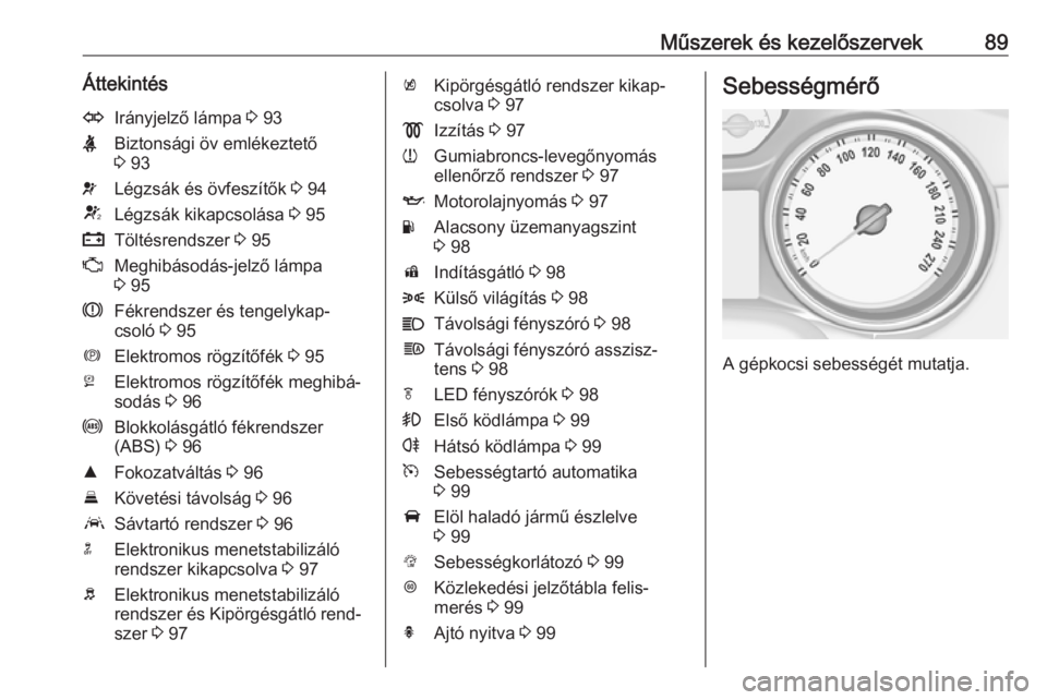 OPEL ASTRA K 2016  Kezelési útmutató (in Hungarian) Műszerek és kezelőszervek89ÁttekintésOIrányjelző lámpa 3 93XBiztonsági öv emlékeztető
3  93vLégzsák és övfeszítők  3 94VLégzsák kikapcsolása  3 95pTöltésrendszer  3 95ZMeghibás